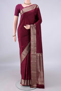 Pure Silk Maroon Soft Saree with Plain Body and Zari Border.  displayed on a mannequin