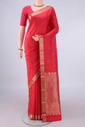 Pure Silk Red Kanjivaram Saree with Zari Butta on the body and Zari Border.  displayed on a mannequin