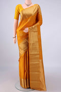 Pure Silk Mustard Kanchipuram Saree with Zari Butta on the body and Zari Border.  displayed on a mannequin