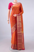 Pure Silk Orange Dual Tone Kanjivaram Saree with Zari Butta on the body and Zari Border.  displayed on a mannequin