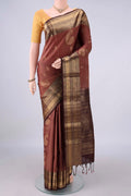 Pure Silk Brown Soft Saree with Zari Butta on the body and Zari Border.  displayed on a mannequin