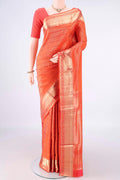 Pure Silk Orange Soft Saree with Zari Brocade on the body and Zari Border.  displayed on a mannequin