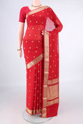 Red Mysore Georgette Saree with Zari Butta on the body and Zari Border.  displayed on a mannequin