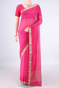 Rani Pink Mysore Georgette Saree with Plain Body and Zari Border.  displayed on a mannequin