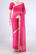 Rani Pink Mysore Georgette Saree with Plain Body and Zari Border.  displayed on a mannequin
