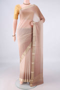 Dark Beige Mysore Georgette Saree with Plain Body and Zari Border.  displayed on a mannequin