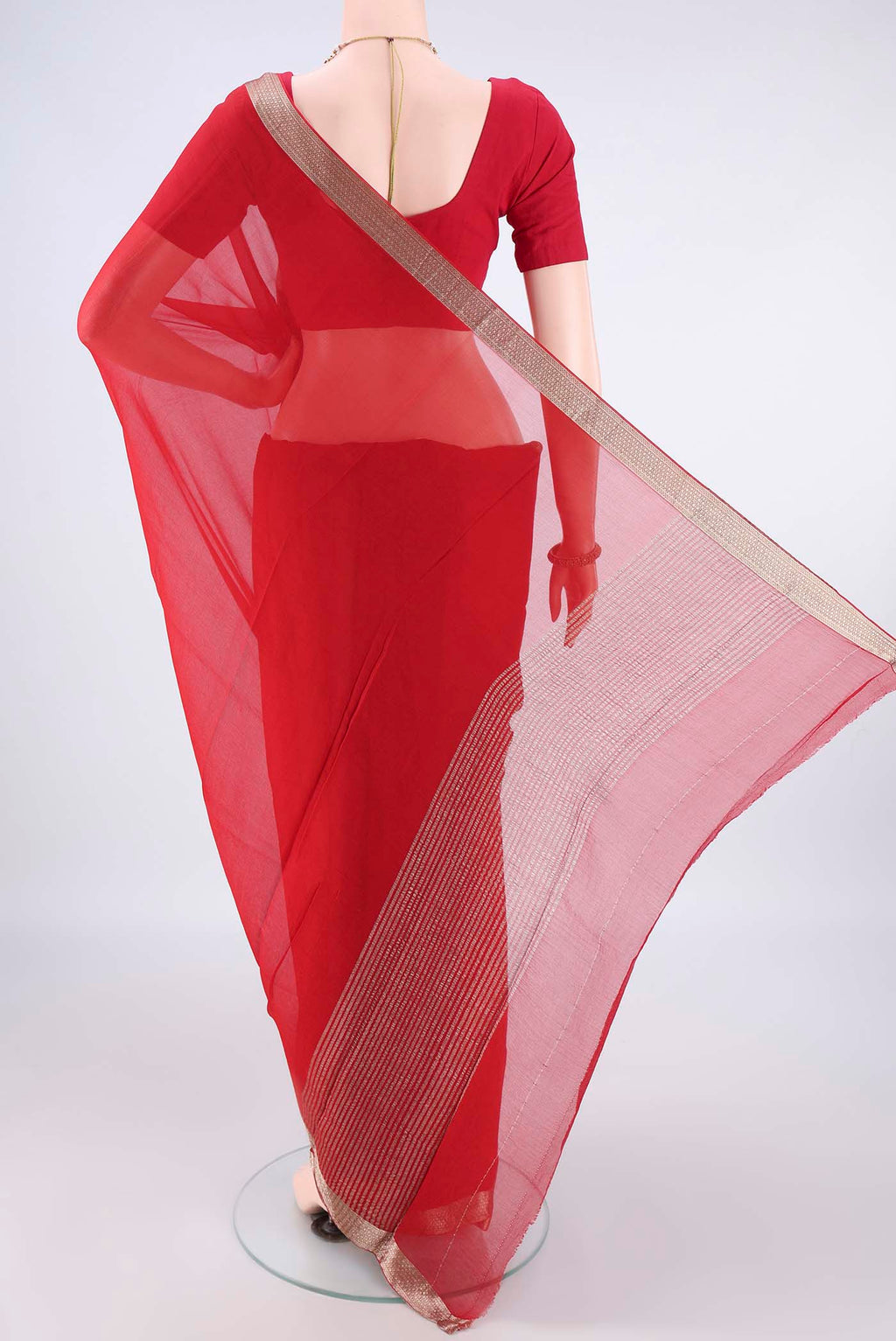 Flat view of Red Mysore Chiffon Saree with Plain Body and Zari Border. 