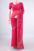 Rani Pink Mysore Chiffon Saree with Plain Body and Zari Border.  displayed on a mannequin