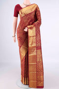 Pure Silk Maroon Kanjivaram Saree with Zari Brocade on the body and Zari Border.  displayed on a mannequin