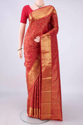 Pure Silk Red Kanjivaram Saree with Zari Brocade on the body and Zari Border.  displayed on a mannequin