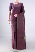 Pure Silk Pure Zari Purple Dual Tone Kanchipuram Saree with Zari Butta on the body and Thin Zari Line.  displayed on a mannequin
