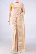 Pure Silk Off White Kanjivaram Saree with Zari Brocade on the body and Zari Border.  displayed on a mannequin