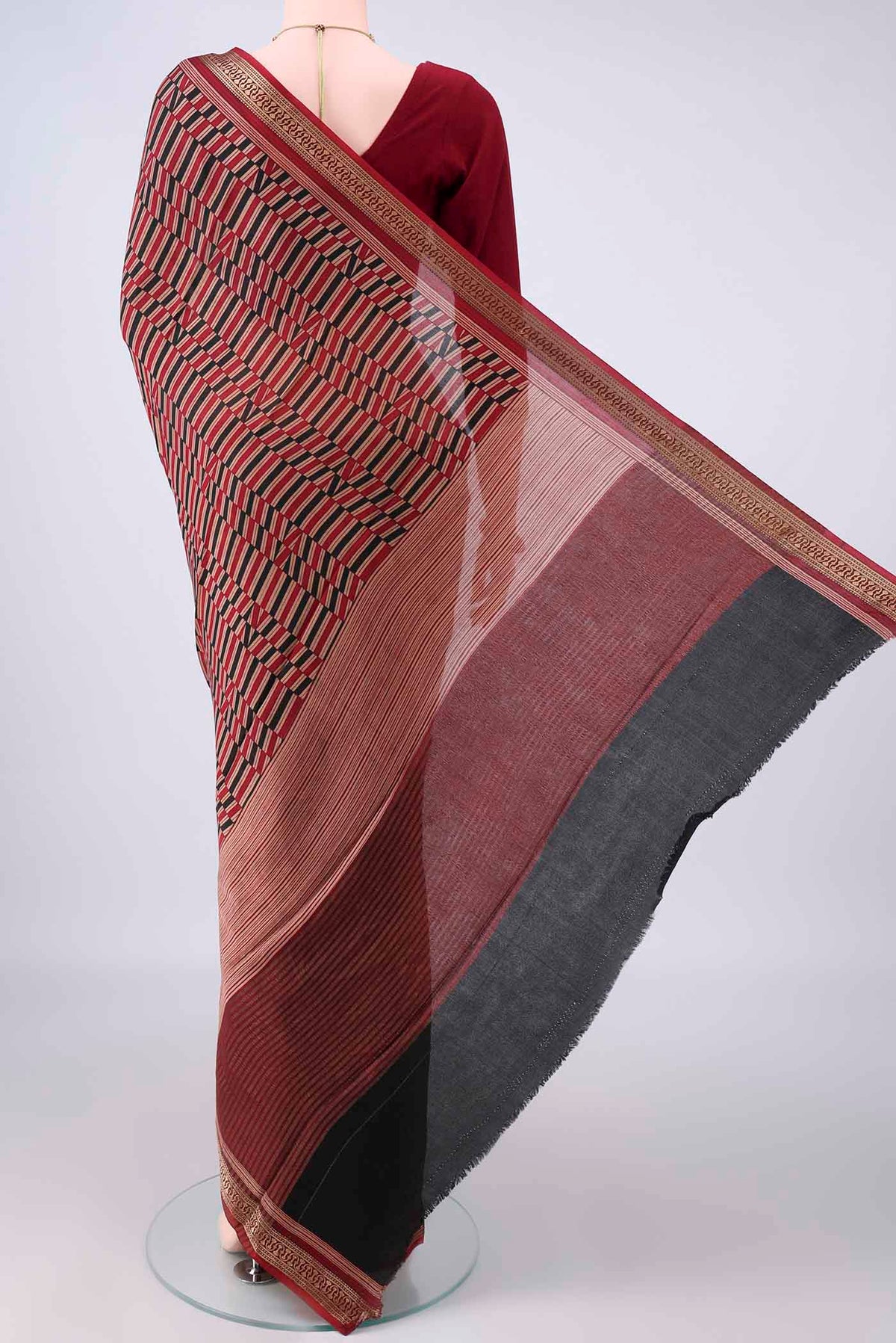 Flat view of Multi Color Mysore Crepe Saree with Printed design on the body and Zari Border. 