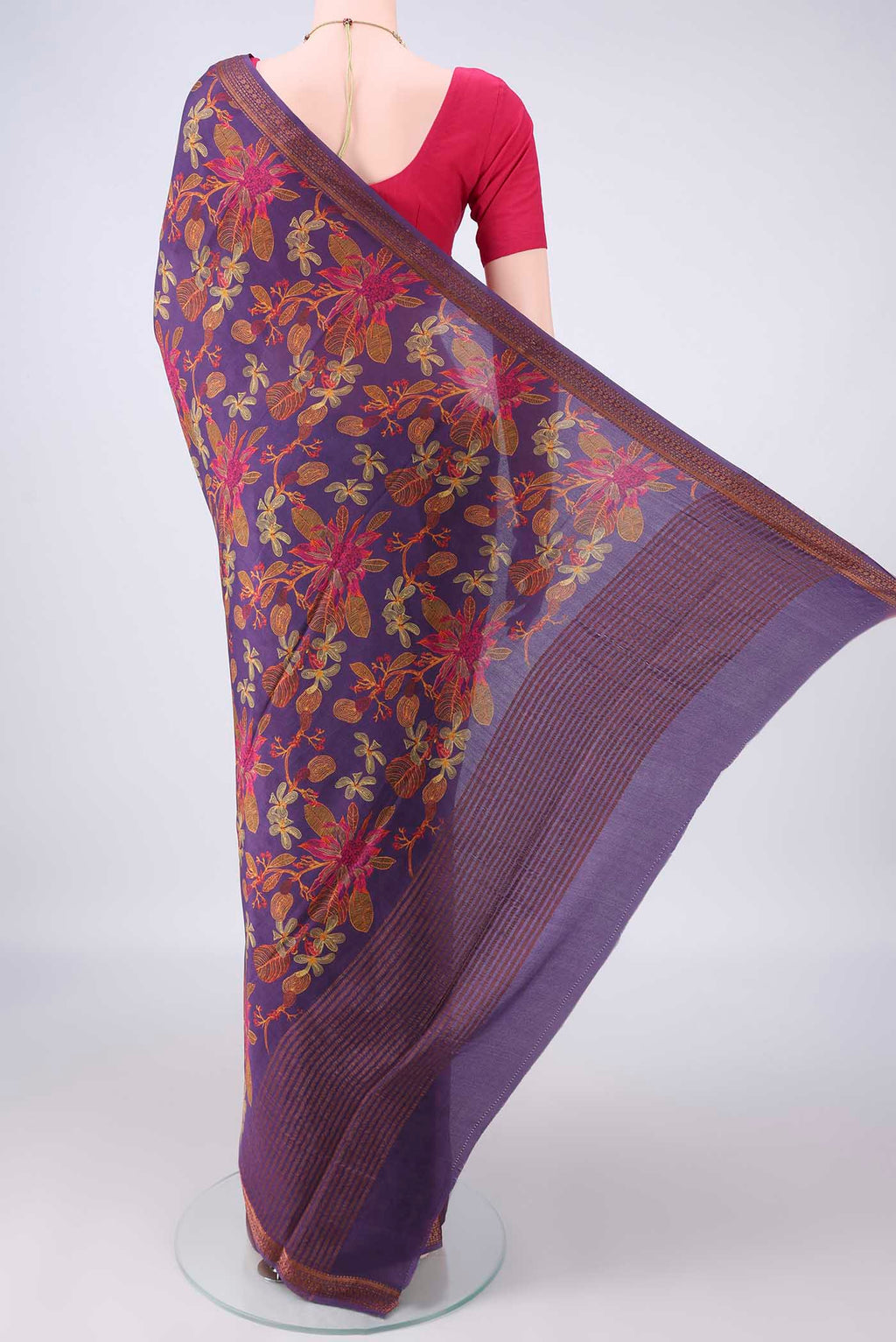 Flat view of Purple Mysore Crepe Saree with Printed design on the body and Zari Border. 