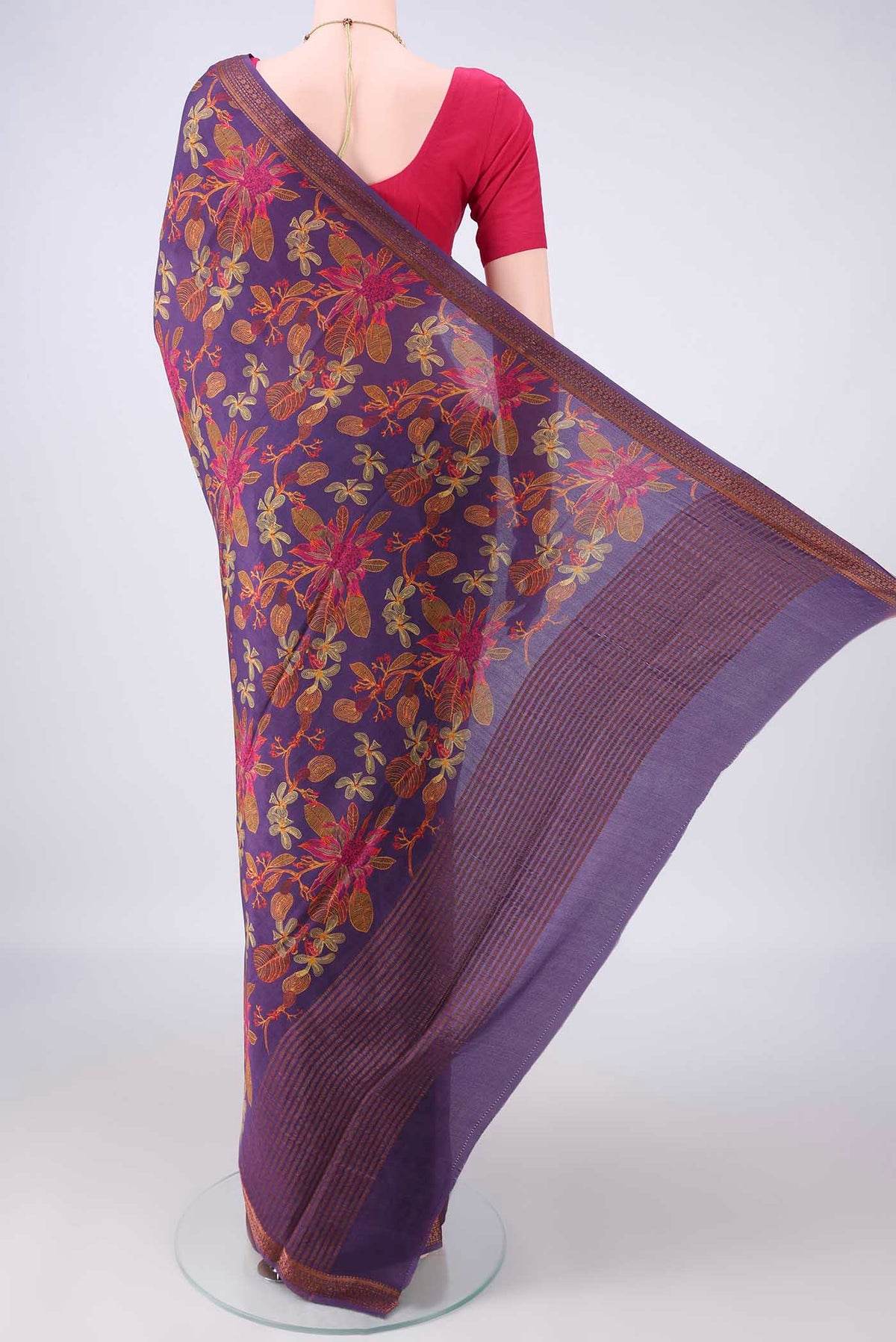 Flat view of Purple Mysore Crepe Saree with Printed design on the body and Zari Border. 
