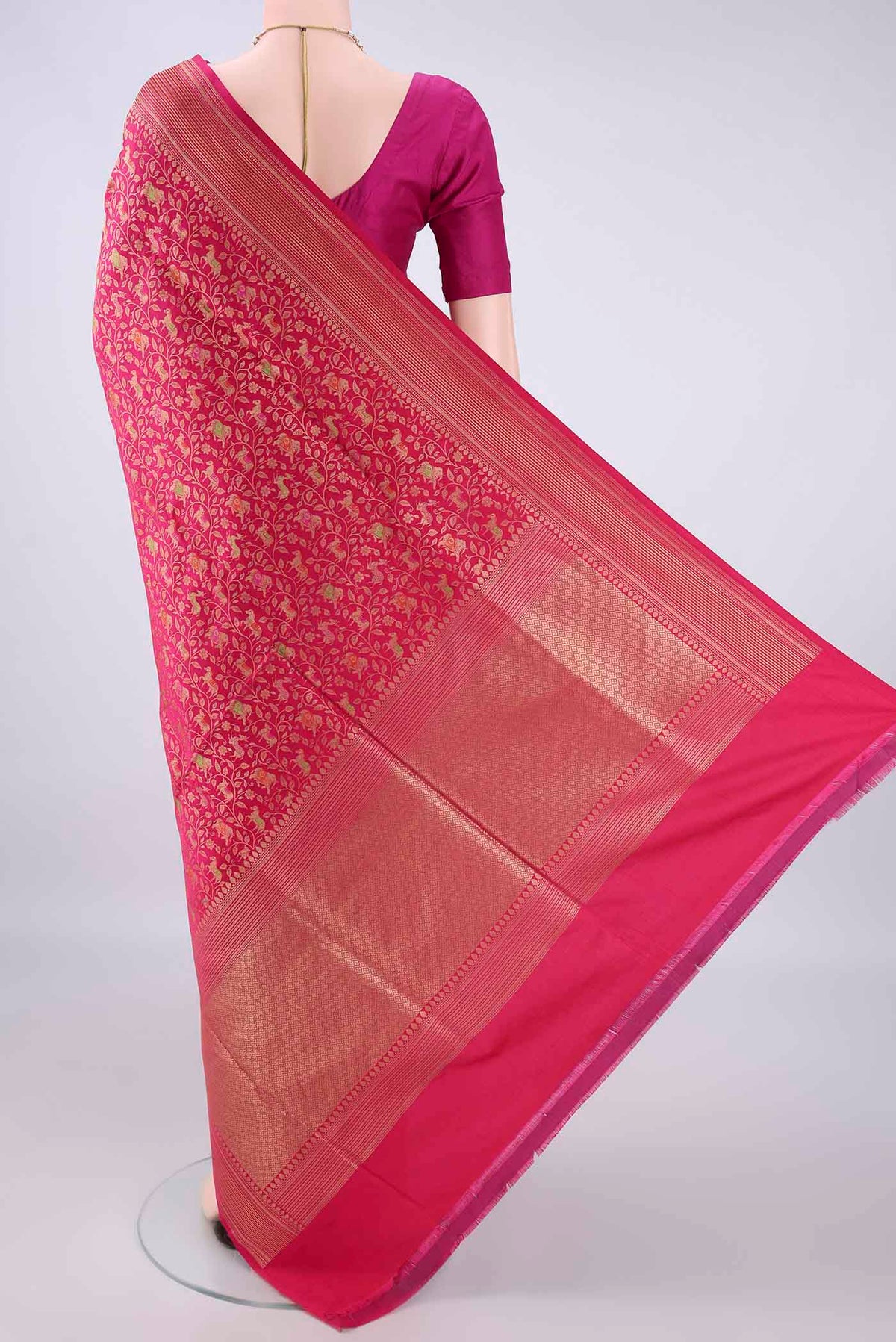 Flat view of Pure Silk Coral Banarasi Saree with Zari Brocade on the body and Zari Border. 
