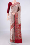 Beige Banarasi Jamavar Saree with Thread Brocade on the body and Zari Border.  displayed on a mannequin