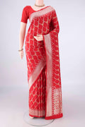Pure Silk Red Banarasi Saree with Zari And Thread Butta on the body and Zari Border.  displayed on a mannequin