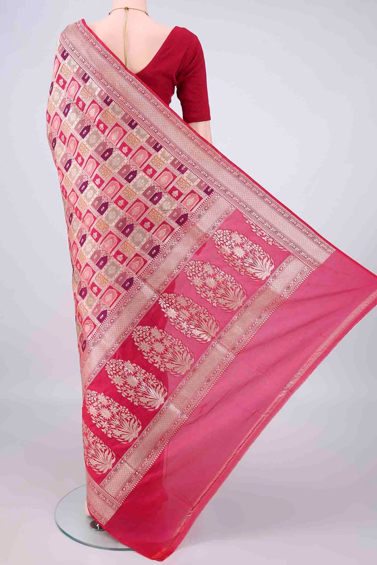 Flat view of Pure Silk Multi Color Banarasi Saree with Zari Brocade on the body and Zari Border. 