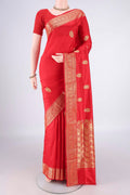 Pure Silk Red Banarasi Katan Saree with Zari Butta on the body and Zari Border.  displayed on a mannequin