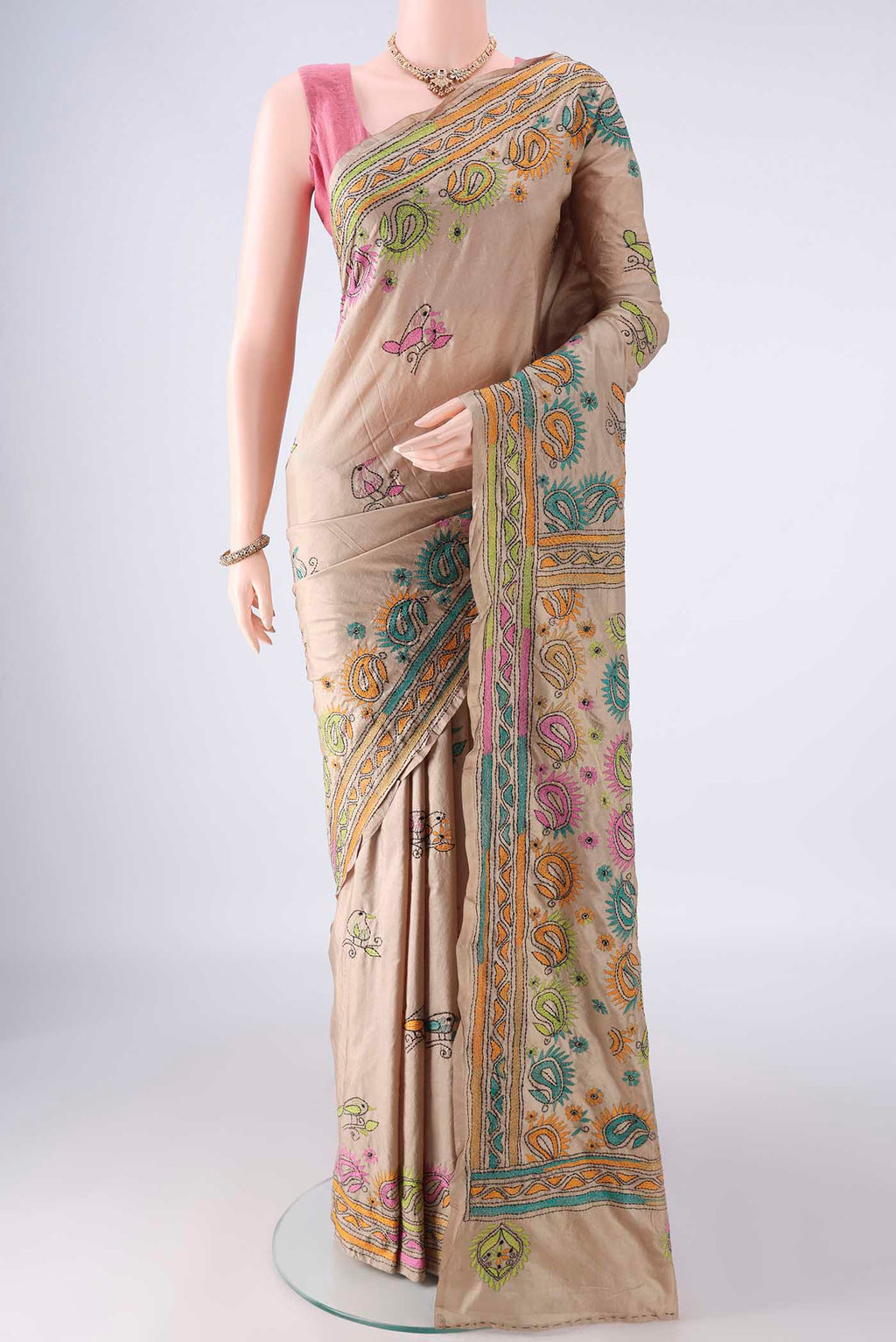 Pure Silk Beige Kantha Saree with Kantha Work on the body and Thread Border.  displayed on a mannequin