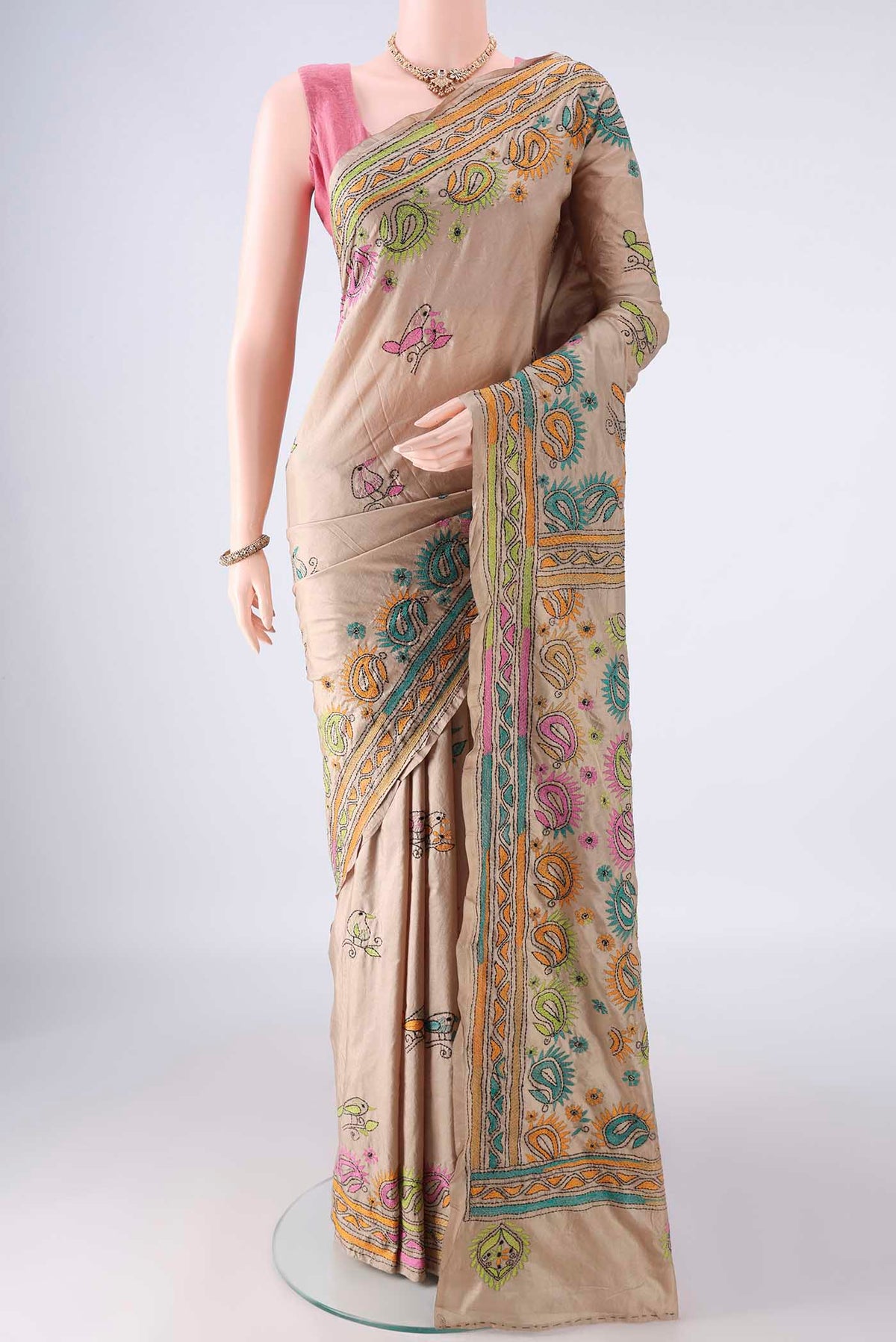 Pure Silk Beige Kantha Saree with Kantha Work on the body and Thread Border.  displayed on a mannequin