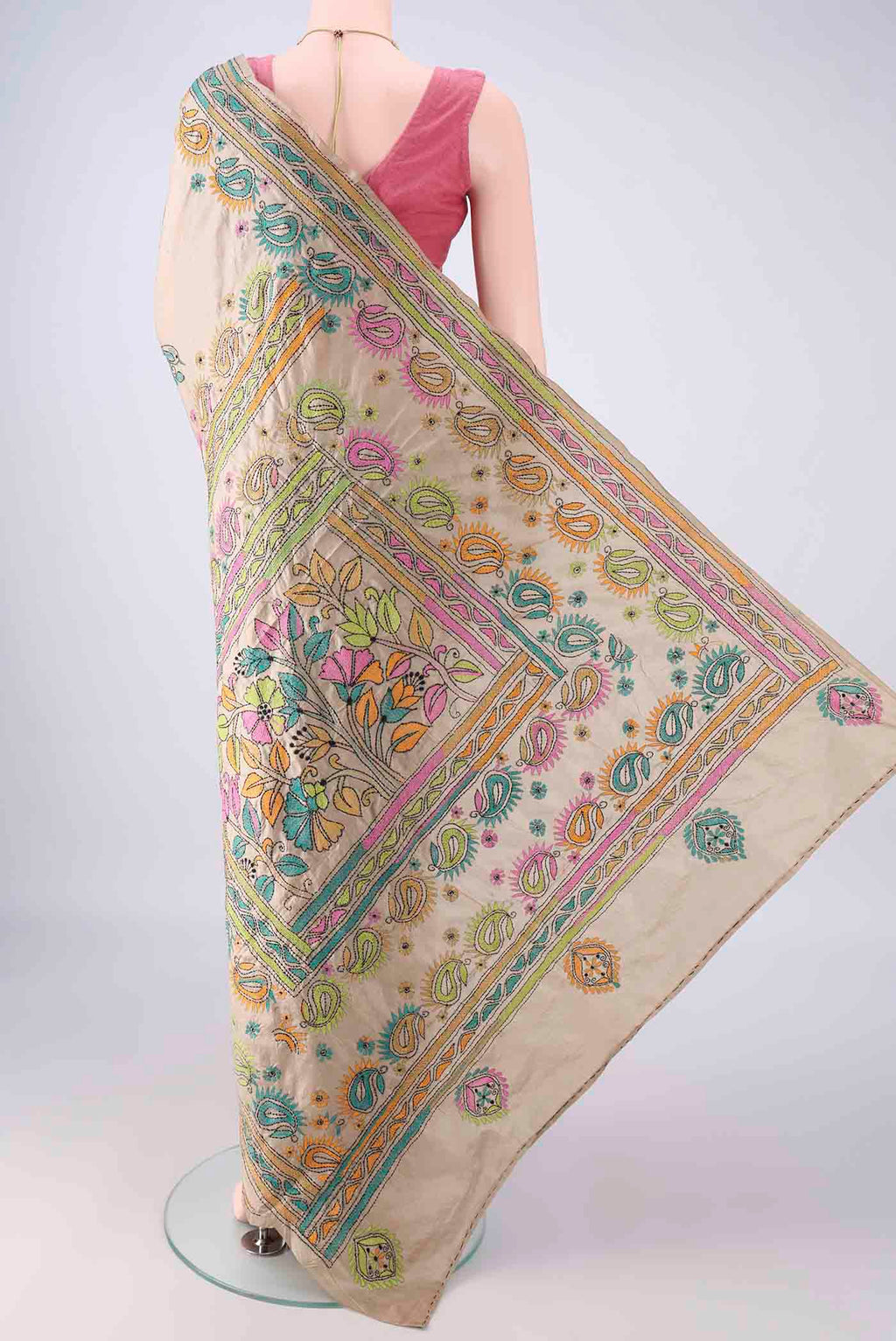 Flat view of Pure Silk Beige Kantha Saree with Kantha Work on the body and Thread Border. 
