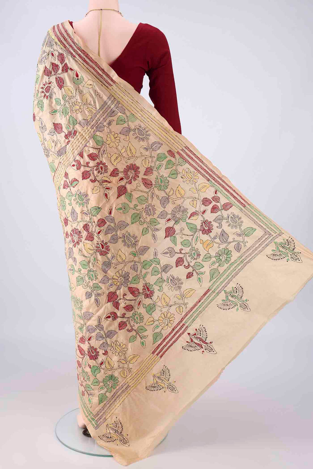 Flat view of Pure Silk Sandal Kantha Saree with Kantha Work on the body and Thread Border. 
