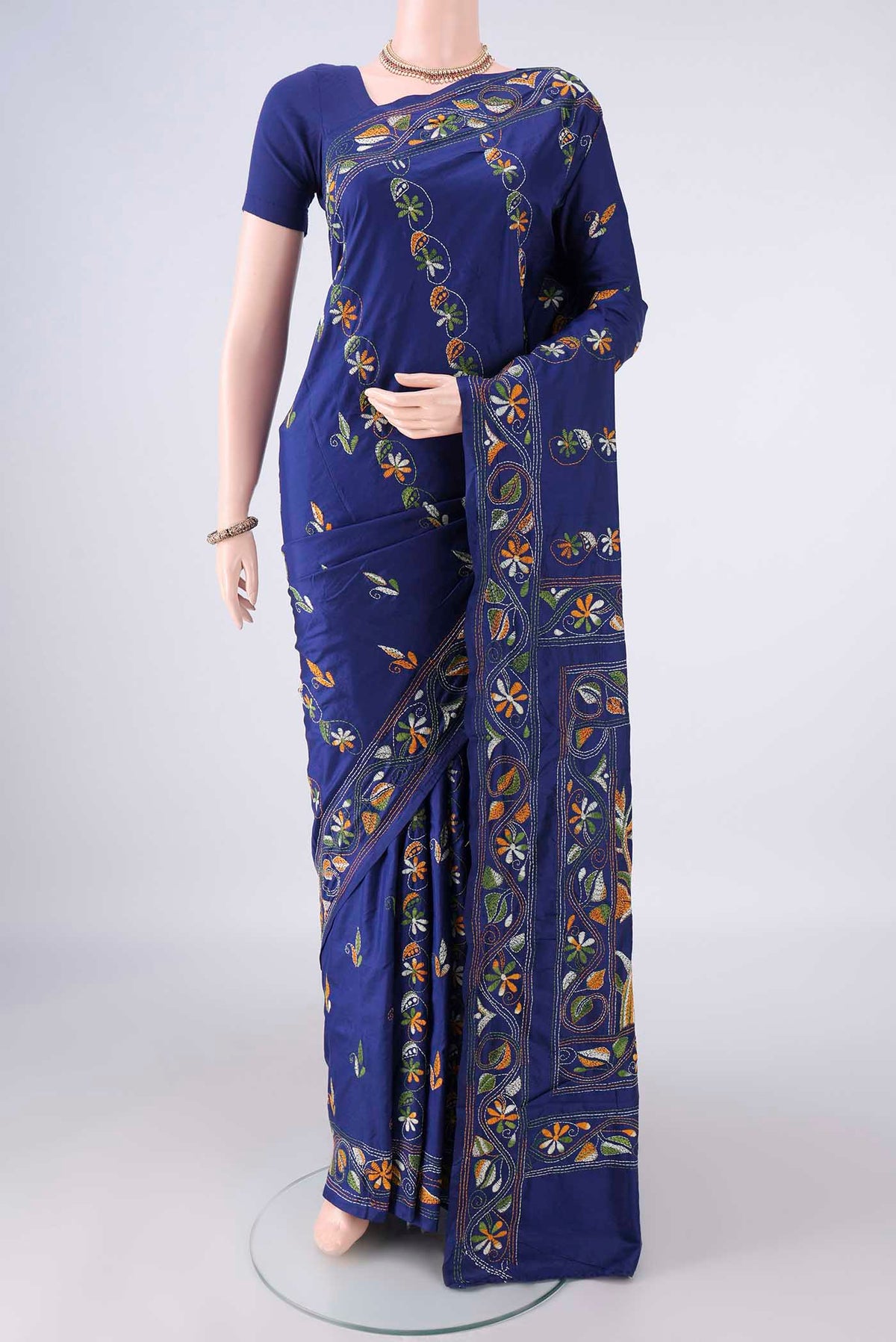 Pure Silk Royal Blue Kantha Saree with Kantha Work on the body and Thread Border.  displayed on a mannequin