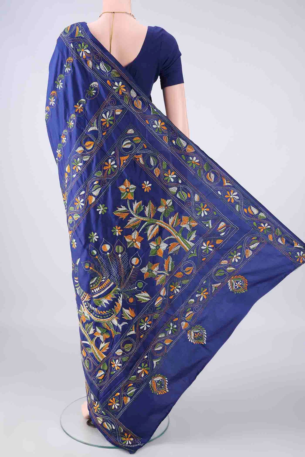 Flat view of Pure Silk Royal Blue Kantha Saree with Kantha Work on the body and Thread Border. 