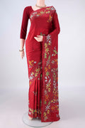 Pure Silk Deep Red Kantha Saree with Kantha Work on the body and Thread Border.  displayed on a mannequin