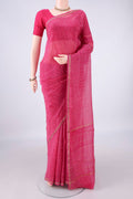 Pink Chanderi Cotton Saree with Batik Print on the body and Thin Zari Line.  displayed on a mannequin