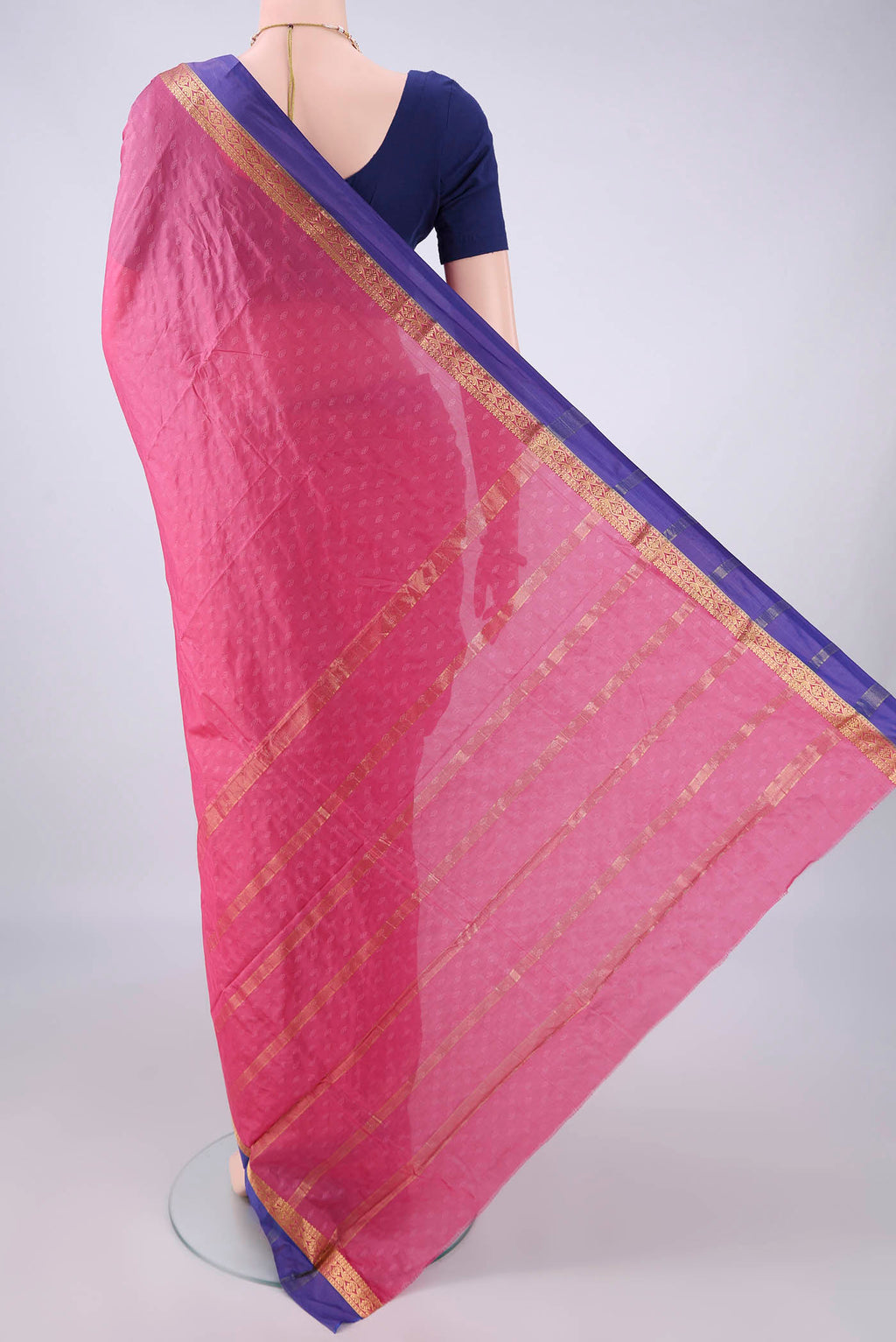 Flat view of Rose pink Blended Bangalore Silk Saree with Jacquard design on the body and Zari Border. 