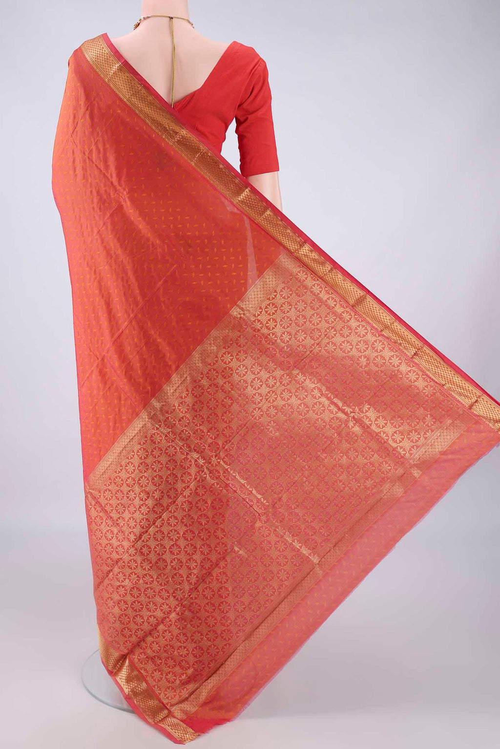 Flat view of Brick Orange Blended Bangalore Silk Saree with Jacquard design on the body and Zari Border. 