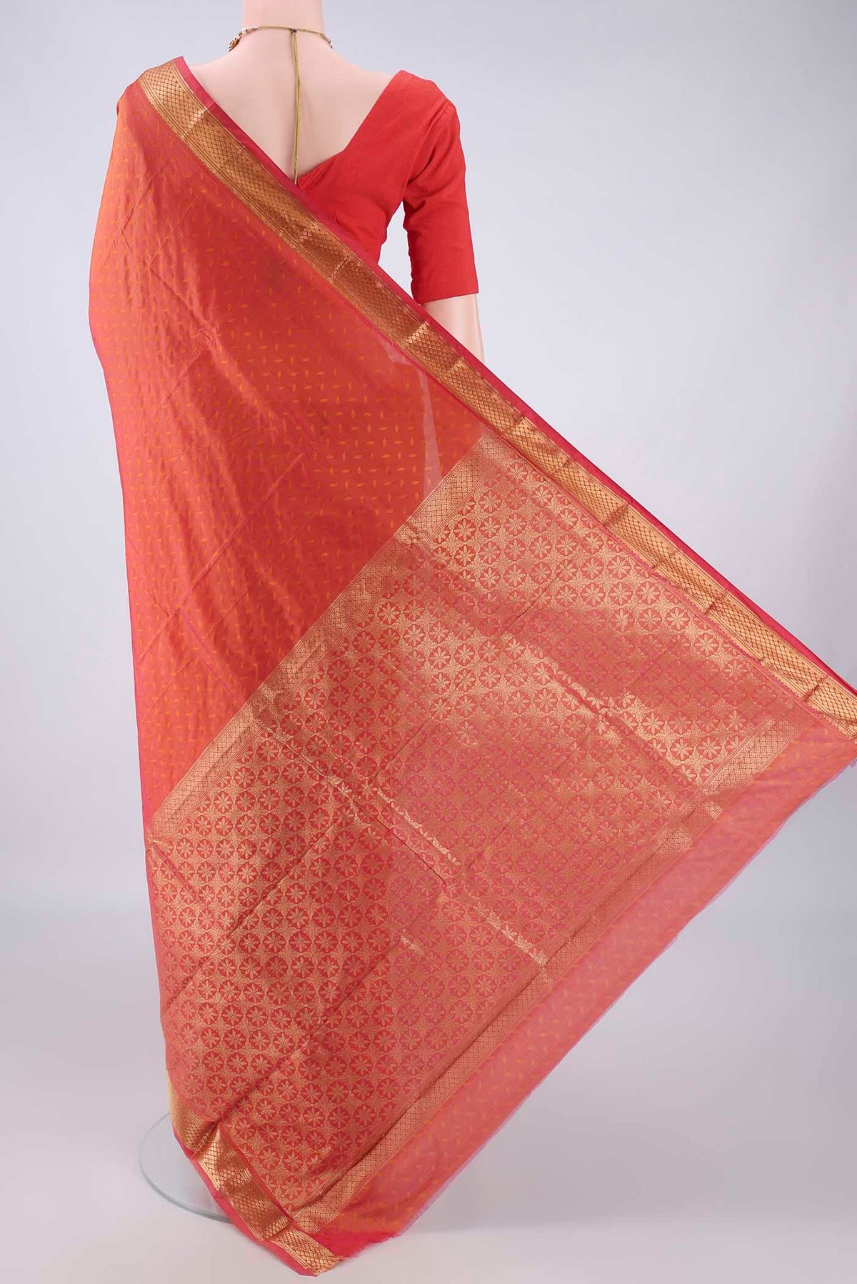 Flat view of Brick Orange Blended Bangalore Silk Saree with Jacquard design on the body and Zari Border. 