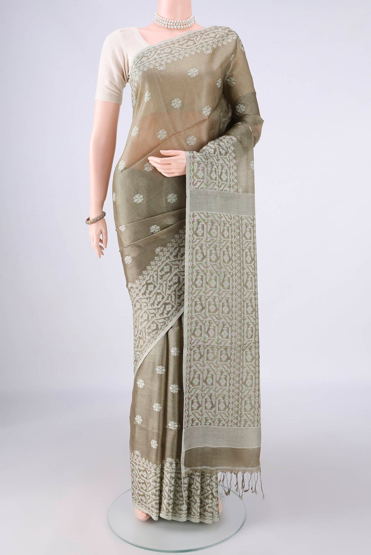 Sage Green Tussar Saree with Jamdani on the body and Thread Border.  displayed on a mannequin