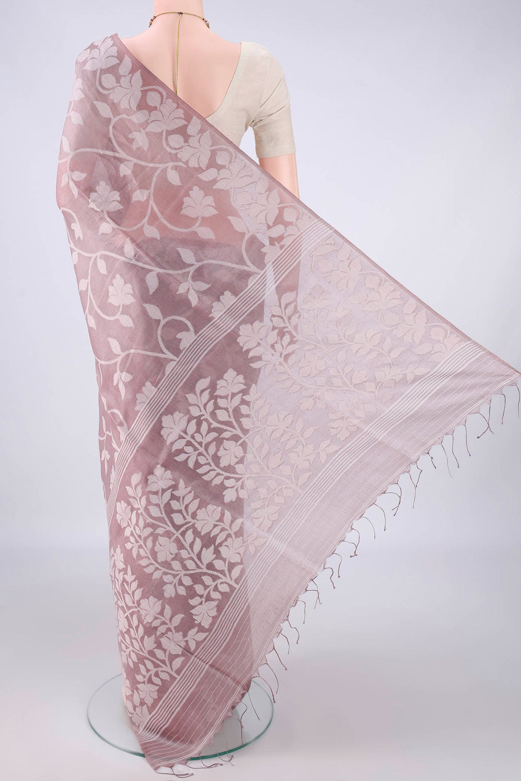 Flat view of Rose Gold Tussar Saree with Jamdani on the body and Thread Border. 