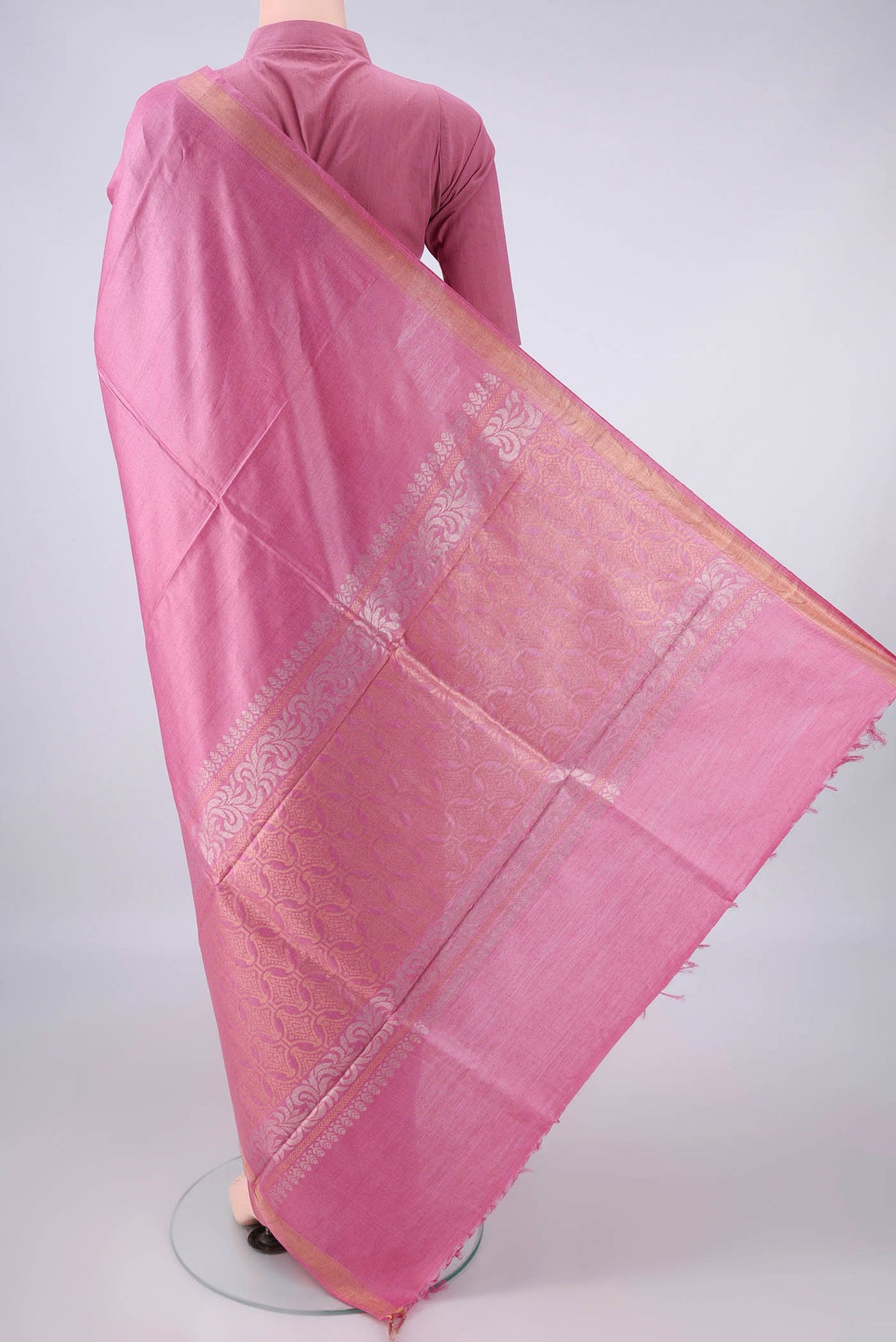Flat view of Pink MP Tussar Saree with Plain Body and Plain Border. 
