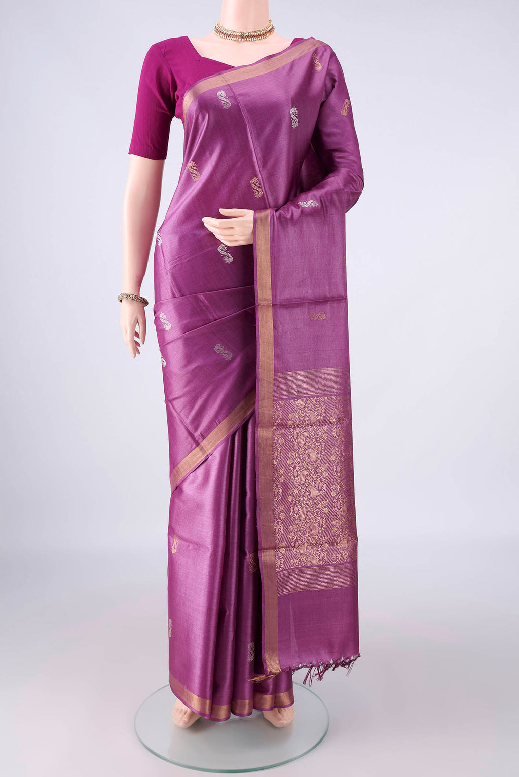 Purple MP Tussar Saree with Zari Butta on the body and Zari Border.  displayed on a mannequin