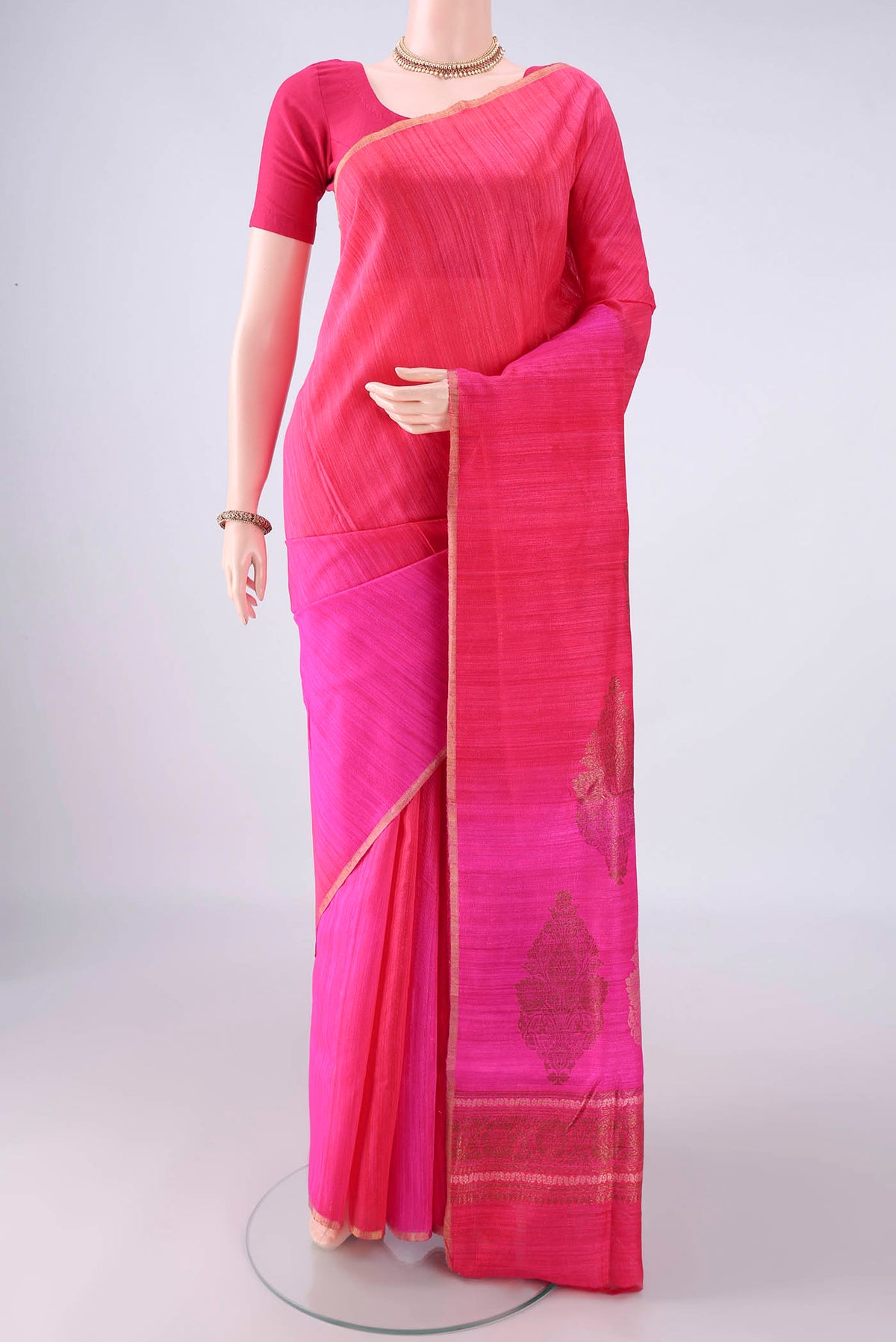 Multi Color Banarasi Tussar Saree with Ombre design on the body and Zari Border.  displayed on a mannequin