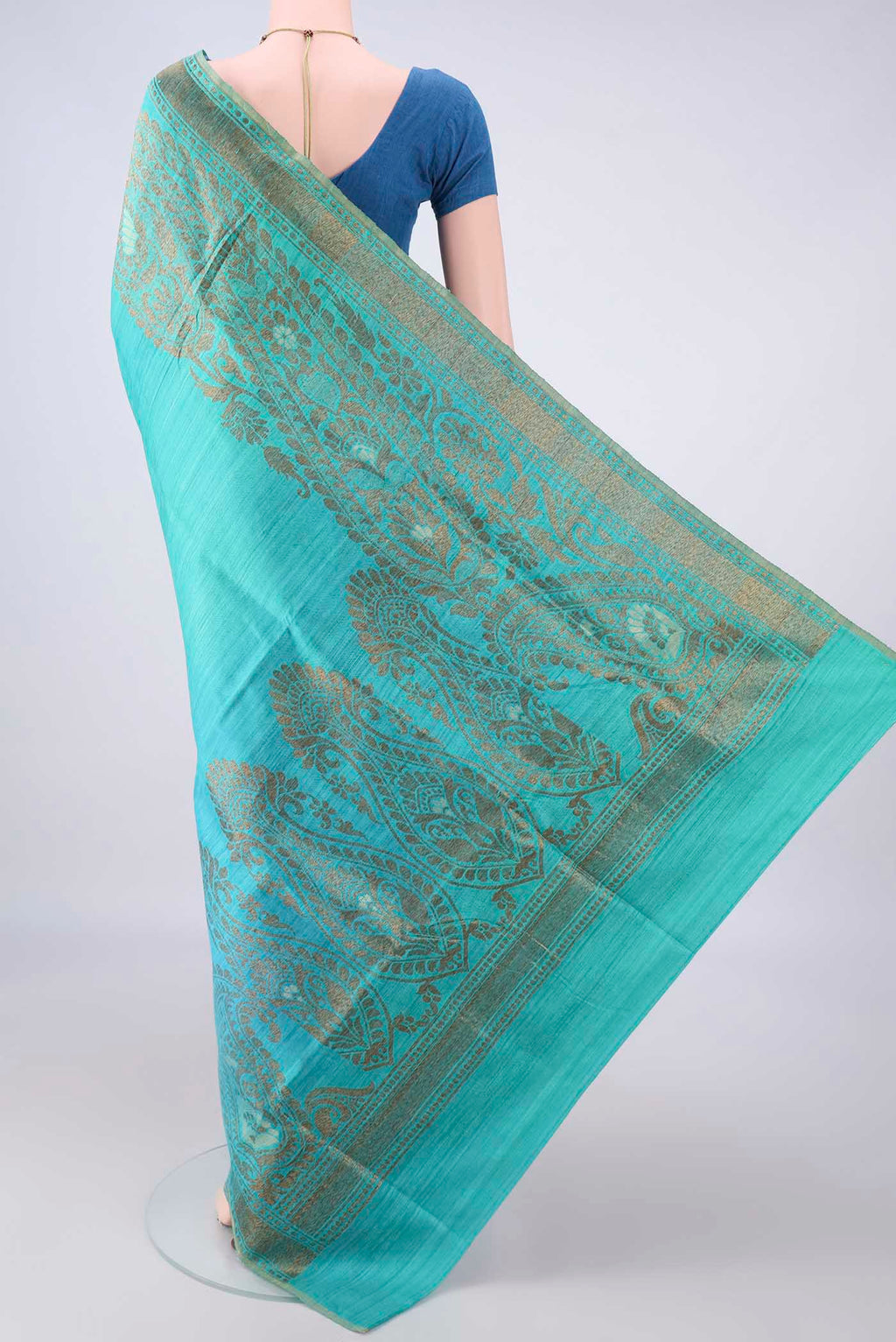 Flat view of Multi Color Banarasi Tussar Saree with Ombre design on the body and Zari Border. 