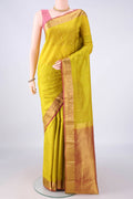 Pure Silk Yellow Kanjivaram Saree with Zari Butta on the body and Zari Border.  displayed on a mannequin