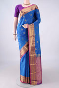 Pure Silk Blue Kanchipuram Saree with Jacquard With Zari Butta on the body and Zari Border.  displayed on a mannequin