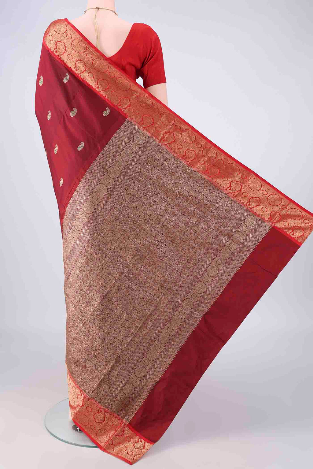 Flat view of Maroon Blended Bangalore Silk Saree with Zari Butta on the body and Zari Border. 