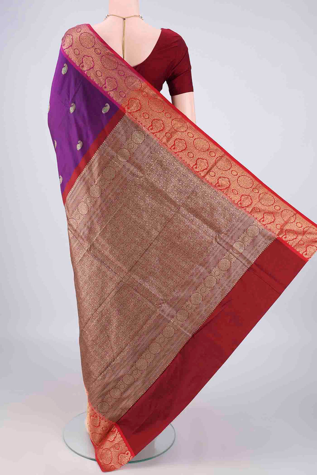Flat view of Purple Blended Bangalore Silk Saree with Zari Butta on the body and Zari Border. 