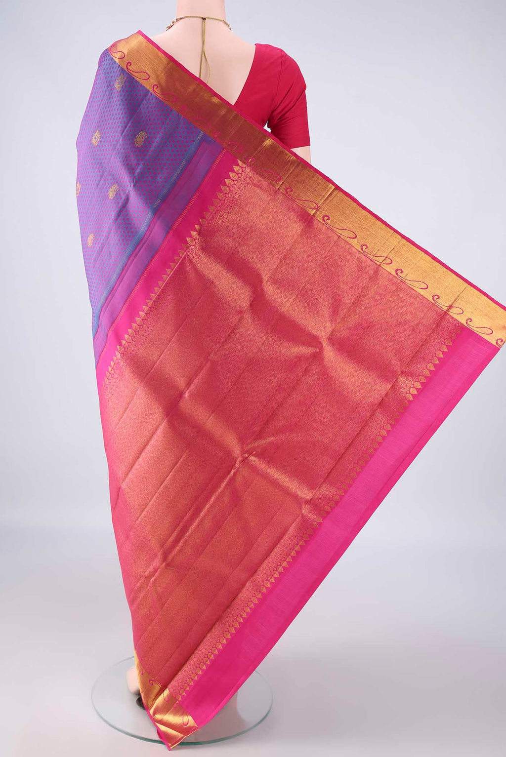 Flat view of Pure Silk Lavender Kanjivaram Saree with Jacquard With Zari Butta on the body and Zari Border. 