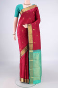 Pure Silk Deep Red Kanjivaram Saree with Jacquard With Zari Butta on the body and Zari Border.  displayed on a mannequin