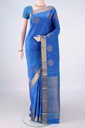 Pure Silk Royal Blue Kanjivaram Saree with Jacquard With Zari Butta on the body and Zari Border.  displayed on a mannequin