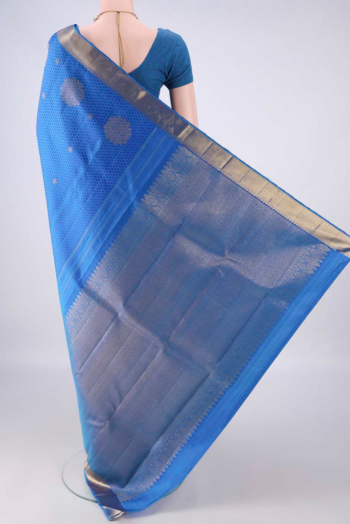Flat view of Pure Silk Royal Blue Kanjivaram Saree with Jacquard With Zari Butta on the body and Zari Border. 