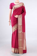 Dark Pink Mysore Crepe Saree with Plain Body and Zari Border.  displayed on a mannequin